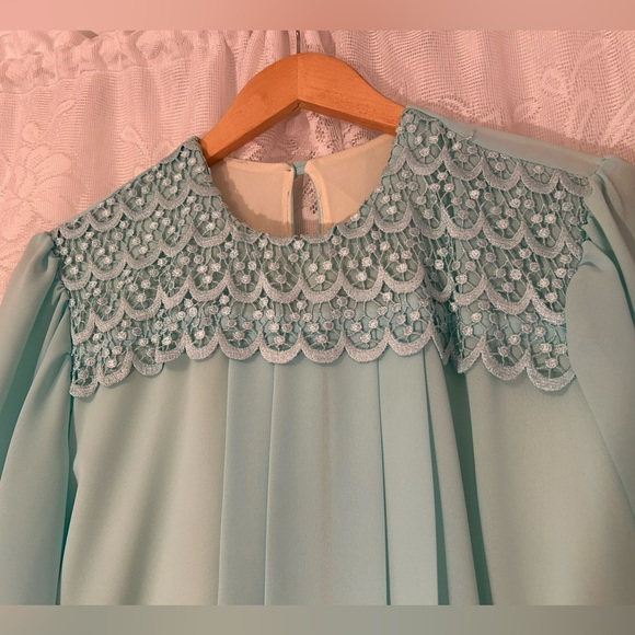 Vintage 1970s Mint Green Lace Yoke Prairie Dress Romantic Cottagecore Midi - Picture 3 of 6